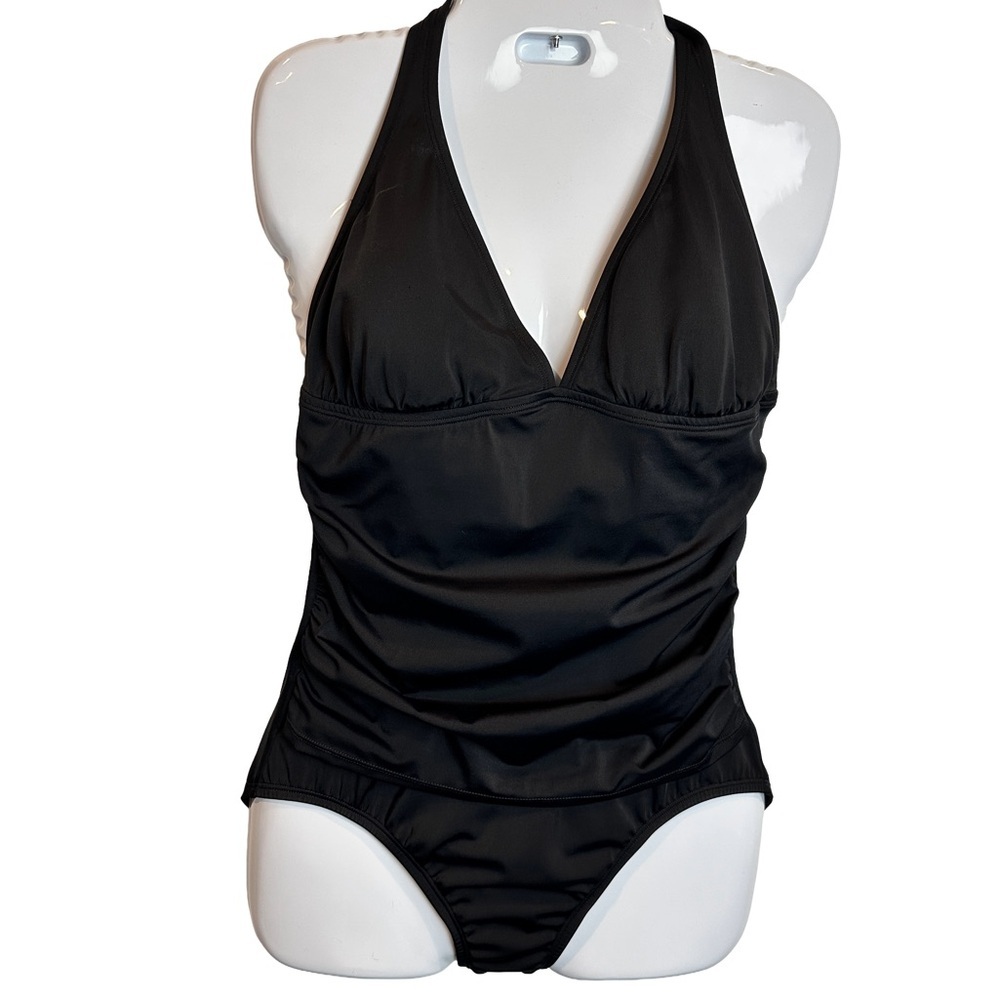 Speedo Black One Piece‎ Halter Style Swimsuit w Slimming Ruching at Sides 12